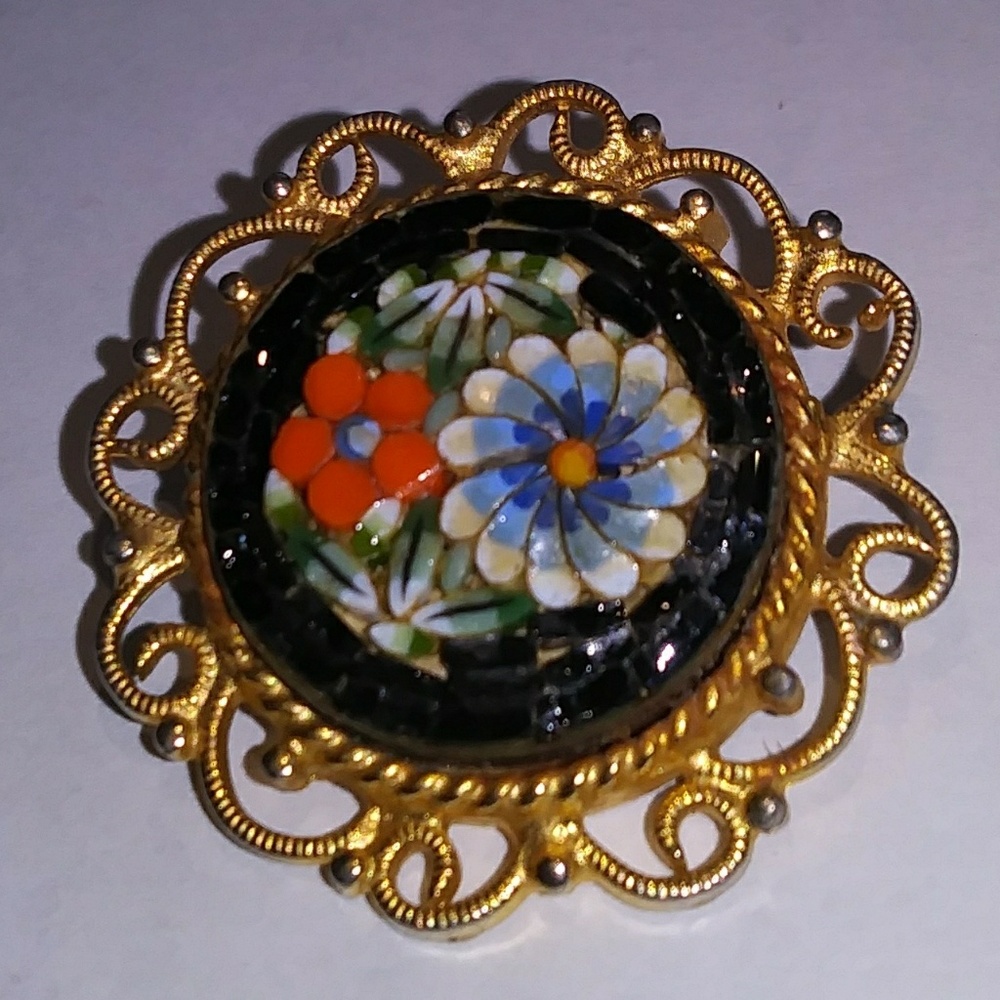 Italian Micro Mosaic Brooch Signed Italy